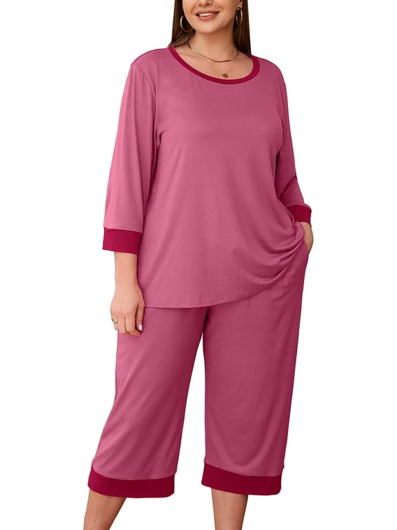 Women Plus Size Pajamas Set 3/4 Sleeves Pjs Sleepwear Loungewear Nightwear with Pockets