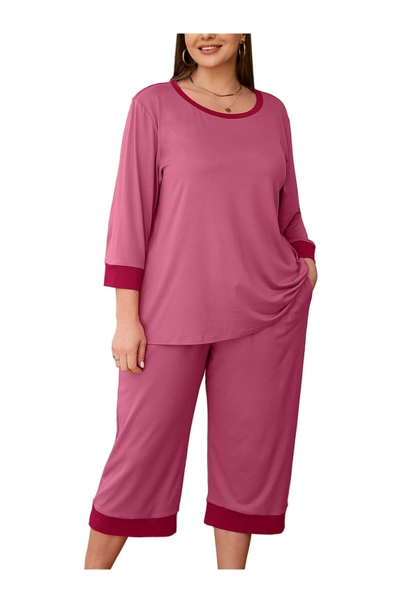 Women Plus Size Pajamas Set 3/4 Sleeves Pjs Sleepwear Loungewear Nightwear with Pockets