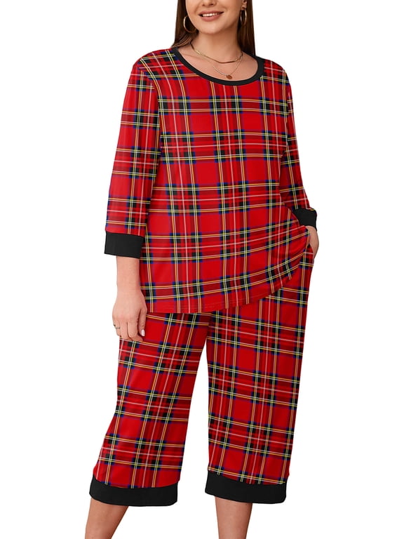 Women Plus Size Pajamas Set 3/4 Sleeves Pjs Sleepwear Loungewear Nightwear with Pockets