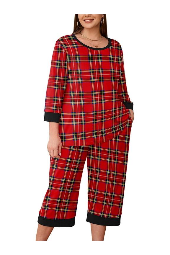 Women Plus Size Pajamas Set 3/4 Sleeves Pjs Sleepwear Loungewear Nightwear with Pockets