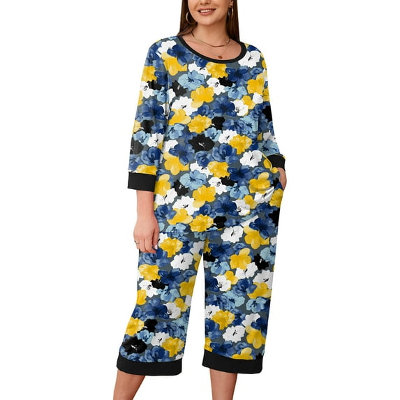 SHOWMALL Women Plus Size Pajamas Set 3/4 Sleeves Pjs Sleepwear Loungewear Nightwear with Pockets