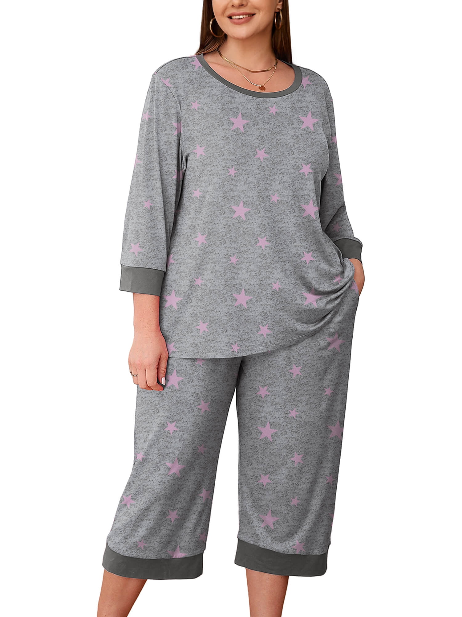 SHOWMALL Women Plus Size Pajamas Set, 3/4 Sleeve Top, Capri Pants with ...