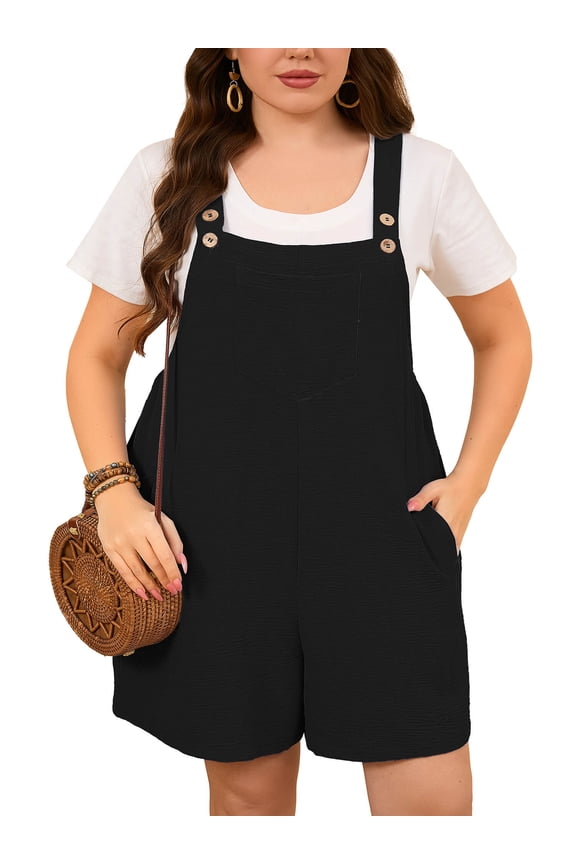 Women Plus Size Romper Casual Jumpersuit Overall Shorts with Pockets Trendy Shortalls Black 3X