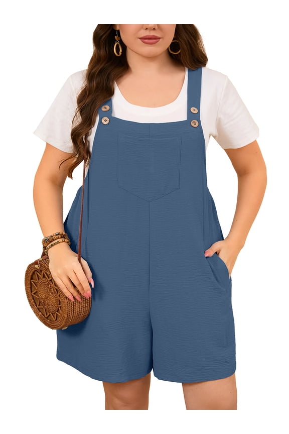 Women Plus Size Romper Casual Jumpersuit Overall Shorts with Pockets Trendy Shortalls Denim Blue 3X