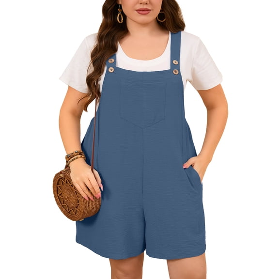 SHOWMALL Women Plus Size Romper Casual Jumpersuit Overall Shorts with Pockets Trendy Shortalls Denim Blue 3X
