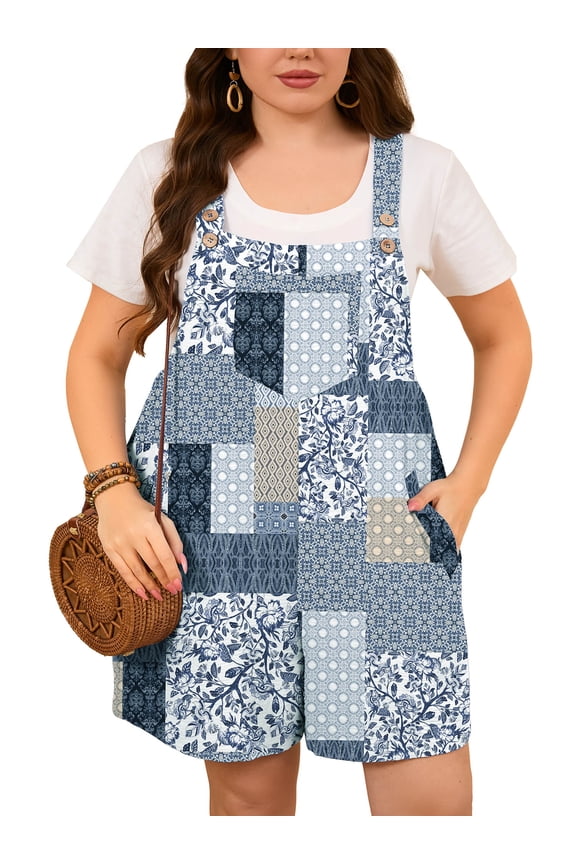Women Plus Size Romper Casual Jumpersuit Overall Shorts with Pockets Trendy Shortalls Gray Patchwork 3X