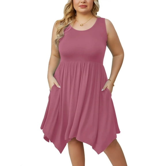 SHOWMALL Women Plus Size Sleeveless Summer Dress Casual Midi Irregular Hem Dress Plain Pleated Scoop Neck Flowy Tank Vest Dresses with Pockets, US Size 2X in Purple Red