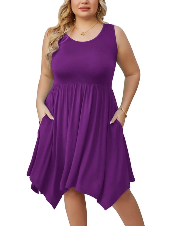 Women Plus Size Sleeveless Summer Dress Casual Midi Irregular Hem Dress Plain Pleated Scoop Neck Flowy Tank Vest Dresses with Pockets, US Size 3X in Purple