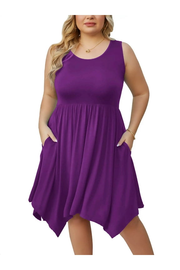 Women Plus Size Sleeveless Summer Dress Casual Midi Irregular Hem Dress Plain Pleated Scoop Neck Flowy Tank Vest Dresses with Pockets, US Size 3X in Purple