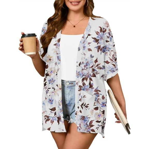 SHOWMALL Women Plus Size Summer Boleros Floral Shrugs White Peony 3X Short Sleeve Open Front Lightweight Cardigan with Pockets Drape Beach Cover Up