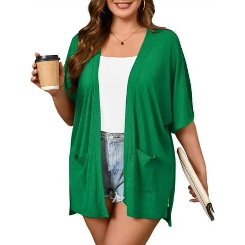 Women Plus Size Summer Cardigan Green 3X Short Sleeve Open Front Lightweight Cardigan with Pockets Drape Beach Cover Up