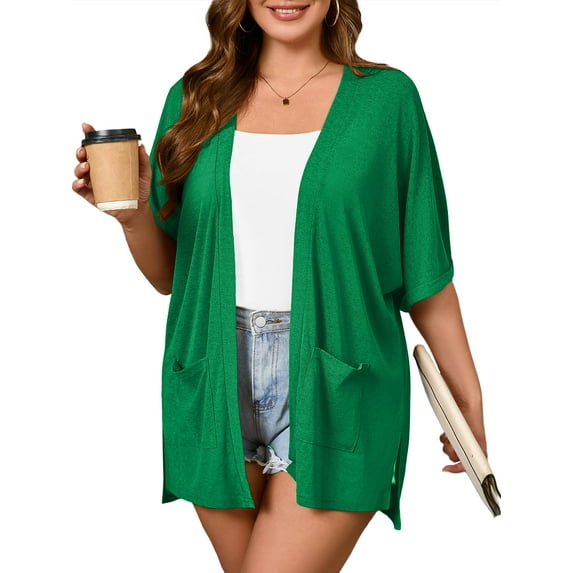 SHOWMALL Women Plus Size Summer Cardigan Green 3X Short Sleeve Open Front Lightweight Cardigan with Pockets Drape Beach Cover Up