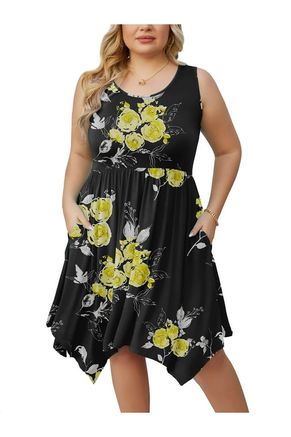 Women Plus Size Summer Dress Midi Floral Sleeveless Casual Irregular Hem Dress Plain Pleated Scoop Neck Flowy Tank Vest Dresses with Pockets, US Size 4X in Black Golden Floral