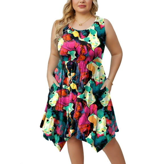 SHOWMALL Women Plus Size Summer Dress Midi Floral Sleeveless Casual Irregular Hem Dress Plain Pleated Scoop Neck Flowy Tank Vest Dresses with Pockets, US Size 4X in Multicolored