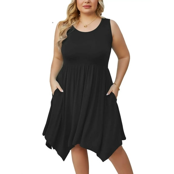 SHOWMALL Women Plus Size Summer Dress Pleated Sleeveless Sundress Irregular Hem Loose Babydoll Casual Swing T-shirt Dress with Pockets, US Size 2X in Black