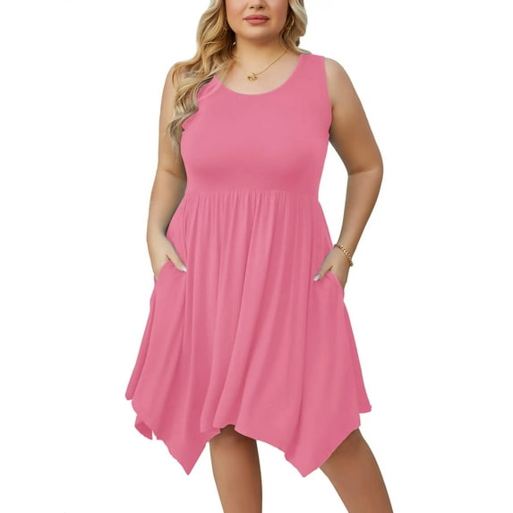 SHOWMALL Women Plus Size Summer Dress Pleated Sleeveless Sundress Irregular Hem Loose Babydoll Casual Swing T-shirt Dress with Pockets, US Size 4X in Pink