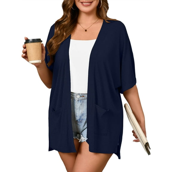 SHOWMALL Women Plus Size Summer Kimono Sides Slit Navy Blue 1X Lightweight Cardigan with Pockets Drape Beach Cover Up