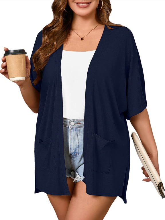 Women Plus Size Summer Kimono Sides Slit Navy Blue 3X Lightweight Cardigan with Pockets Drape Beach Cover Up