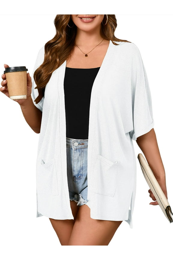 Women Plus Size Summer Kimono Sides Slit White 2X Lightweight Cardigan with Pockets Drape Beach Cover Up