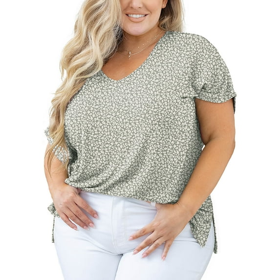 SHOWMALL Women Plus Size T Shirts Floral Short Sleeve Tunic Side Slit Tops Summer V-Neck Blouse Spots 2X