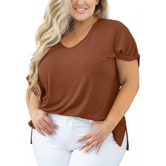 SHOWMALL Women Plus Size T Shirts Short Sleeve Tunic Side Slit Tops Summer V-Neck Blouse Light coffee 2X
