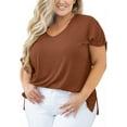 thumbnail image 1 of SHOWMALL Women Plus Size T Shirts Short Sleeve Tunic Side Slit Tops Summer V-Neck Blouse Light coffee 4X, 1 of 7