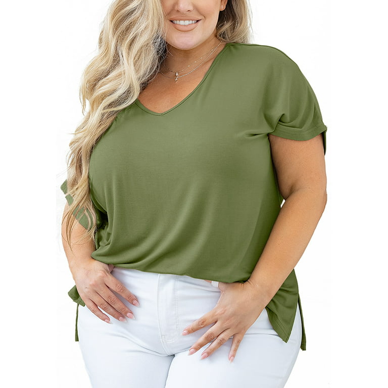 SHOWMALL Women Plus Size Tops Short Sleeve Tunic Side Slit Shirt Summer  V-Neck Blouse Army Green 3X Tops 