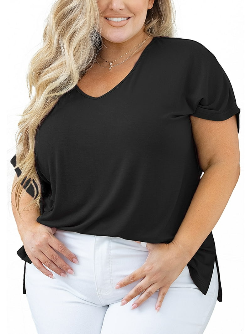 SHOWMALL Women Plus Size Tops Short Sleeve Tunic Side Slit Shirt