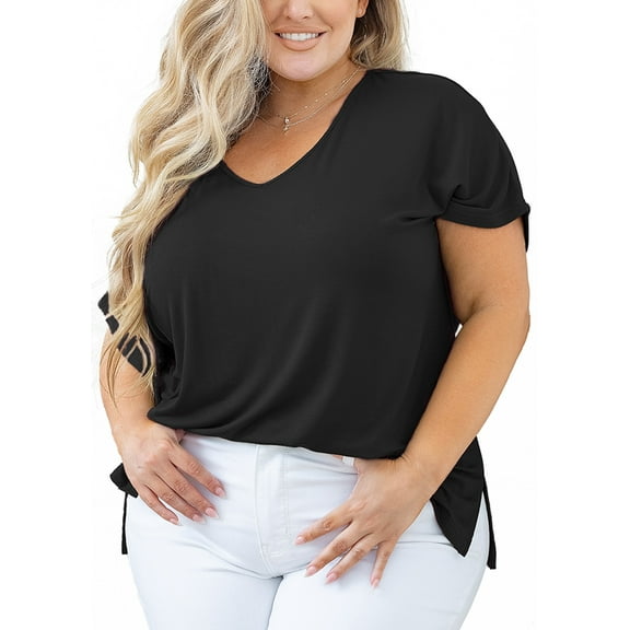 SHOWMALL Women Plus Size Tops Short Sleeve Tunic Side Slit Shirt Summer V-Neck Blouse Black 1X Tops