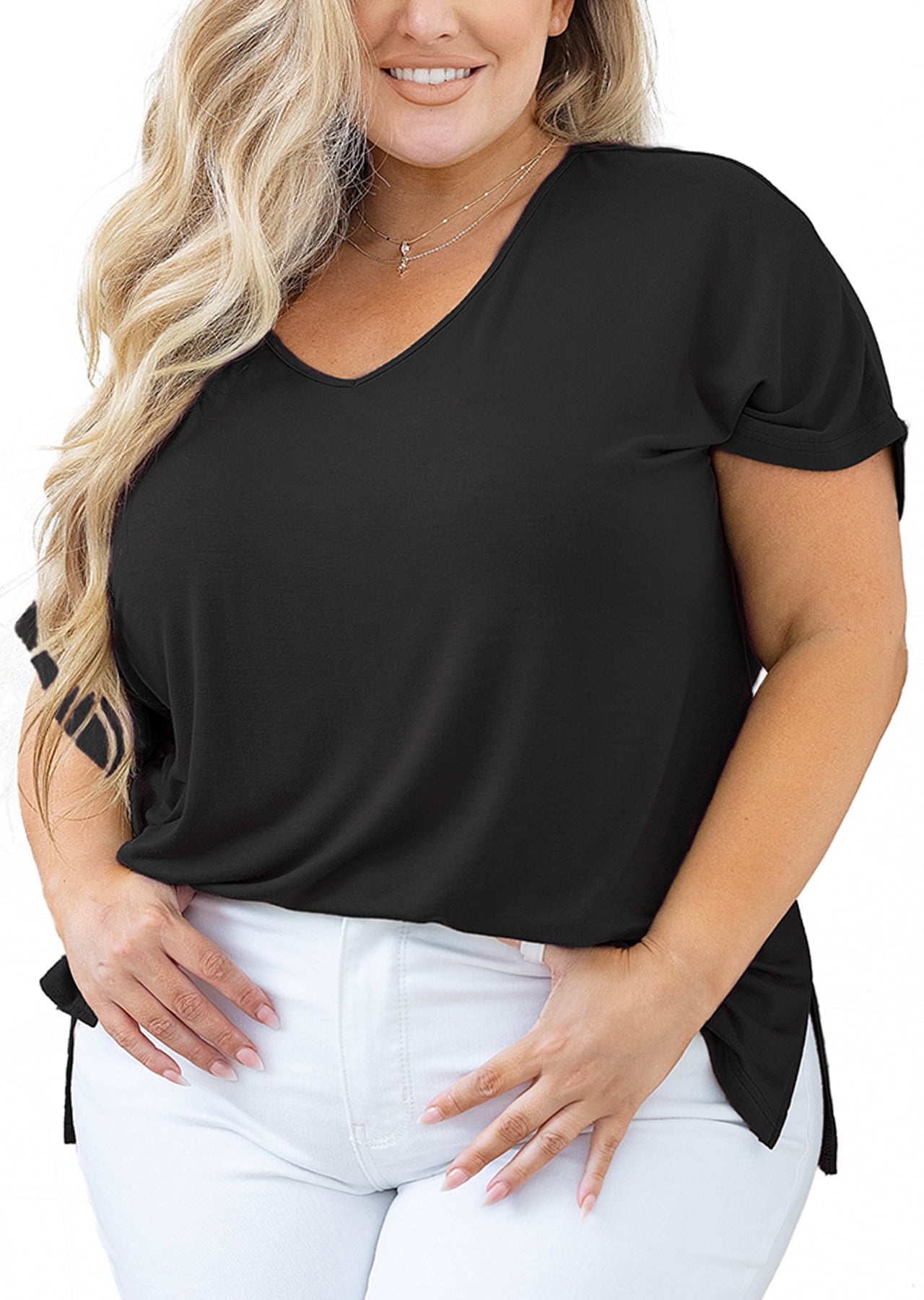 SHOWMALL Women Plus Size Tops Short Sleeve Tunic Side Slit Shirt Summer  V-Neck Blouse Black 2X Tops 