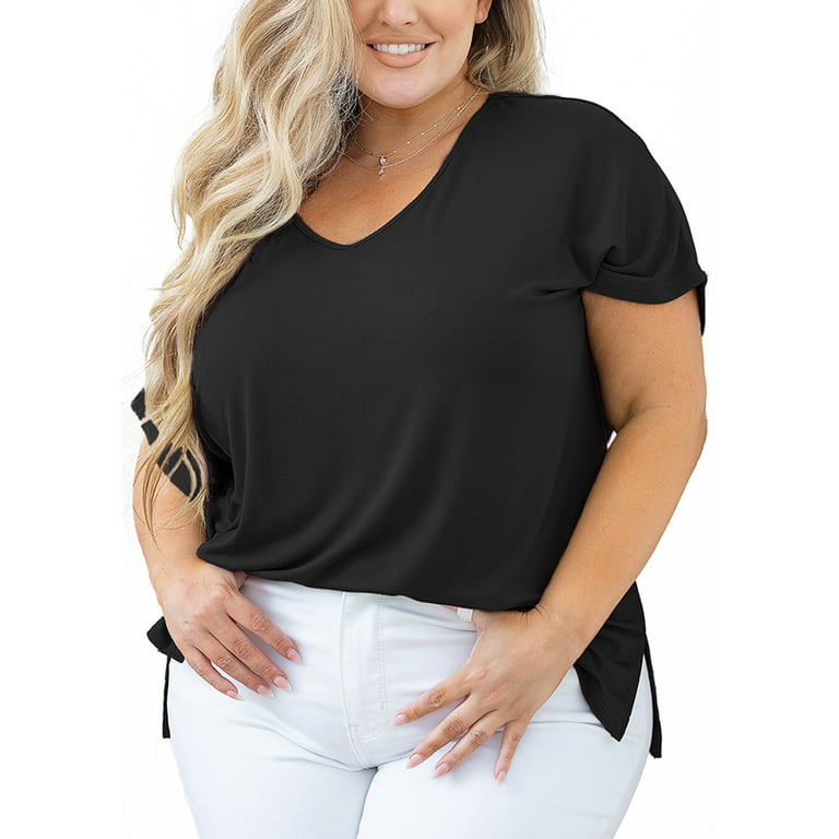 SHOWMALL Women Plus Size Tops Short Sleeve Tunic Side Slit Shirt Summer  V-Neck Blouse Black 2X Tops 