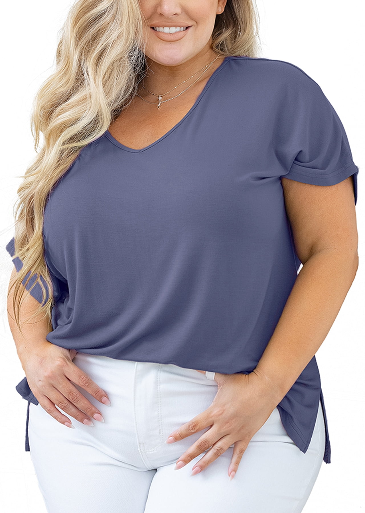 SHOWMALL Plus Size Women Top 3/4 Sleeve Clothes Royal Blue 4X Blouse Swing  Tunic Crewneck Loose Clothing Shirt for Leggings