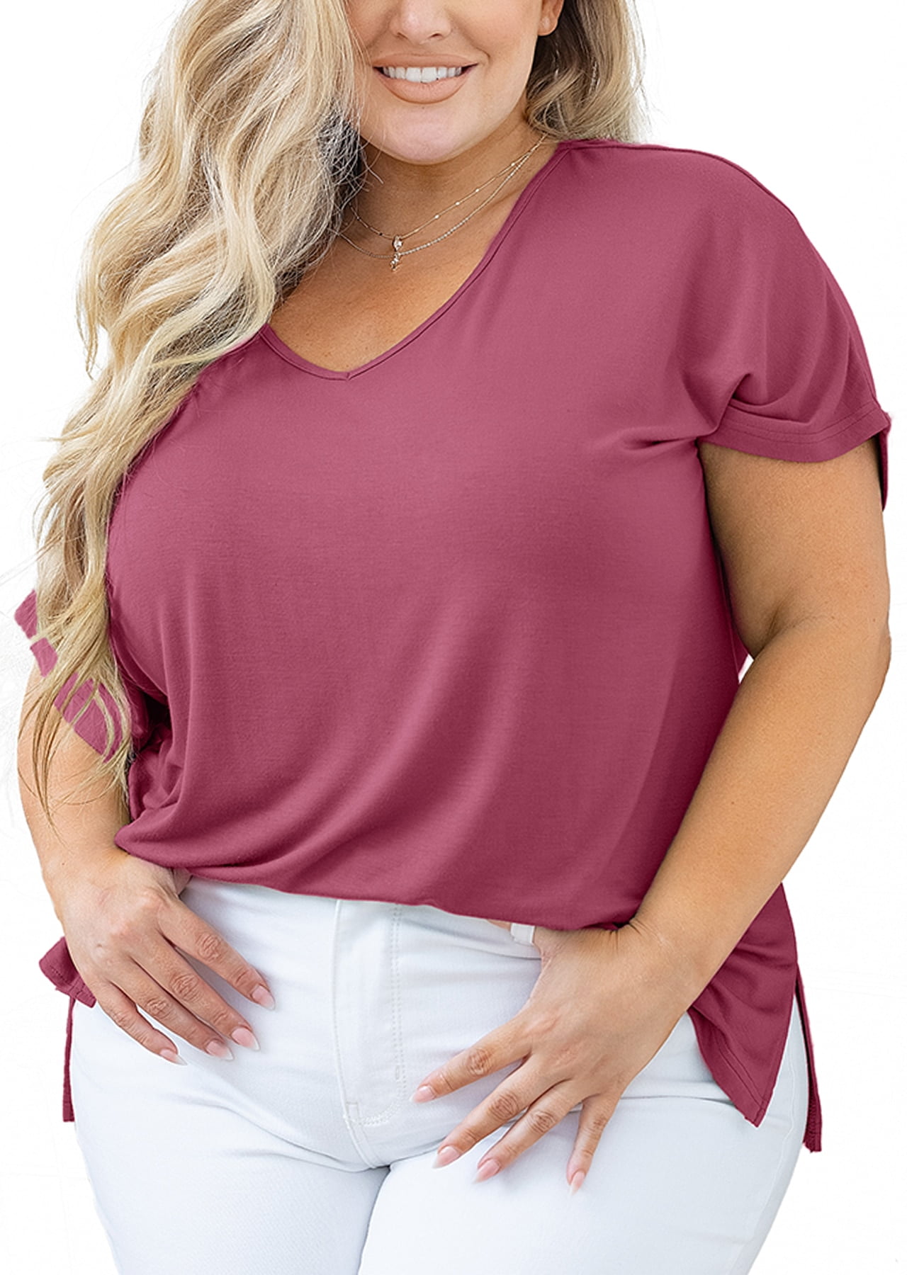 SHOWMALL Women Plus Size Tops Short Sleeve Tunic Side Slit Shirt Summer  V-Neck Blouse Army Green 2X Tops 