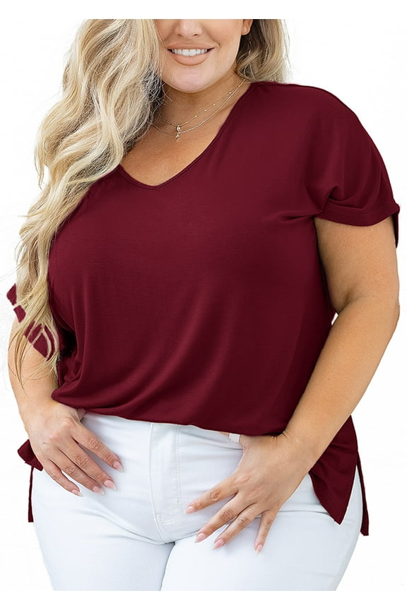 Women Plus Size Tops Short Sleeve Tunic Side Slit Shirt Summer V-Neck Blouse Wine Red 2X Tops