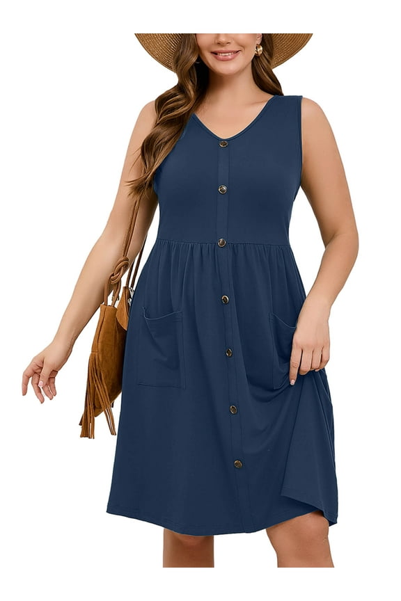 Women Plus Summer Dresses Sleeveless Casual Loose Vintage Blue 2X Swing Button Down Midi Dress with Pockets