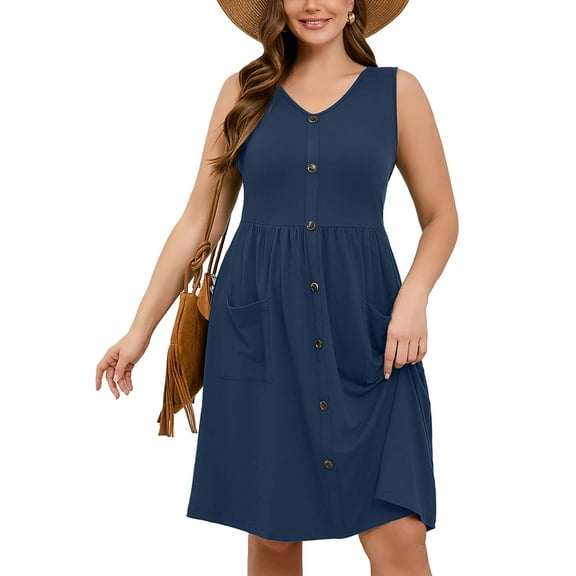 SHOWMALL Women Plus Summer Dresses Sleeveless Casual Loose Vintage Blue 2X Swing Button Down Midi Dress with Pockets