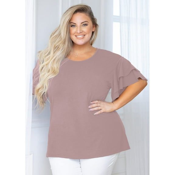 SHOWMALL Women Plus Tops Double Ruffle Short Sleeve Grayish Purple 5X Tunic Shirt Summer Tops Loose Fitting Blouse