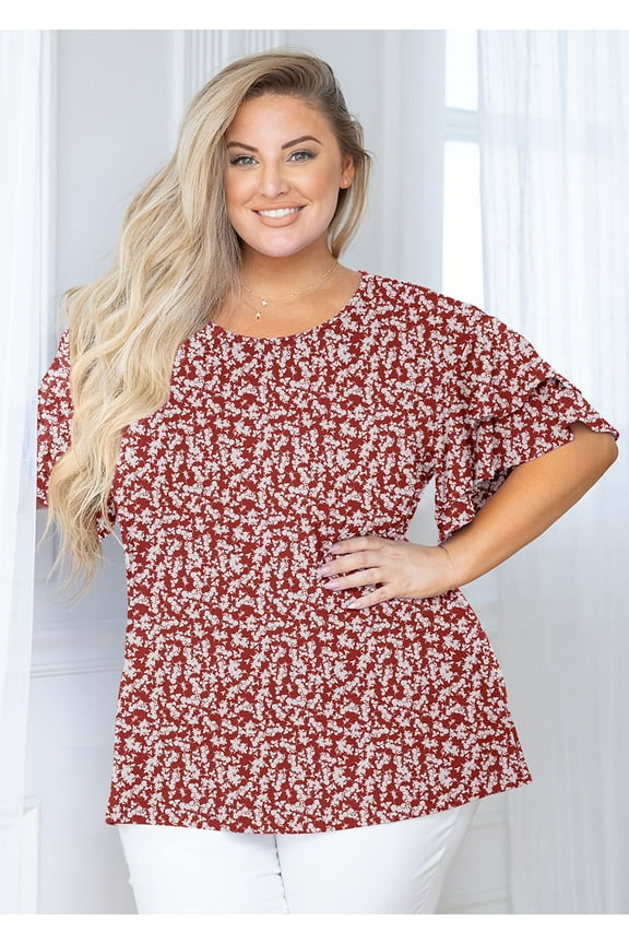 Women Plus Tops Double Ruffle Short Sleeve Maple Leaf 5X Tunic Shirt Summer Tops Loose Fitting Blouse