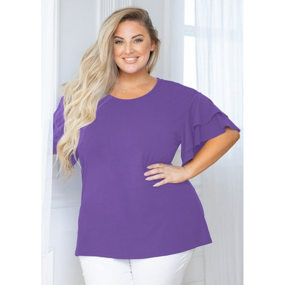 SHOWMALL Women Plus Tops Double Ruffle Short Sleeve Purple 1X Tunic Shirt Summer Tops Loose Fitting Blouse