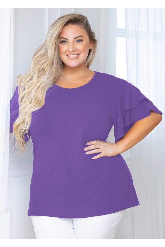 Women Plus Tops Double Ruffle Short Sleeve Purple 3X Tunic Shirt Summer Tops Loose Fitting Blouse