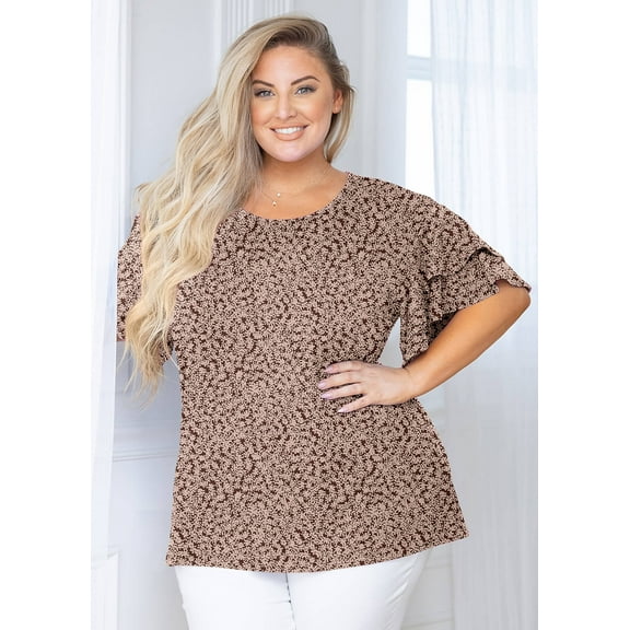 SHOWMALL Women Plus Tops Floral Double Ruffle Short Sleeve Brown Tiny Flowers 5X Tunic Shirt Summer Tops Loose Fitting Blouse