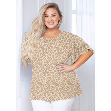 Showmall Women Plus Tops Floral Double Ruffle Short Sleeve Cream Khaki Leopard 2X Tunic Shirt Summer Tops Loose Fitting Blouse