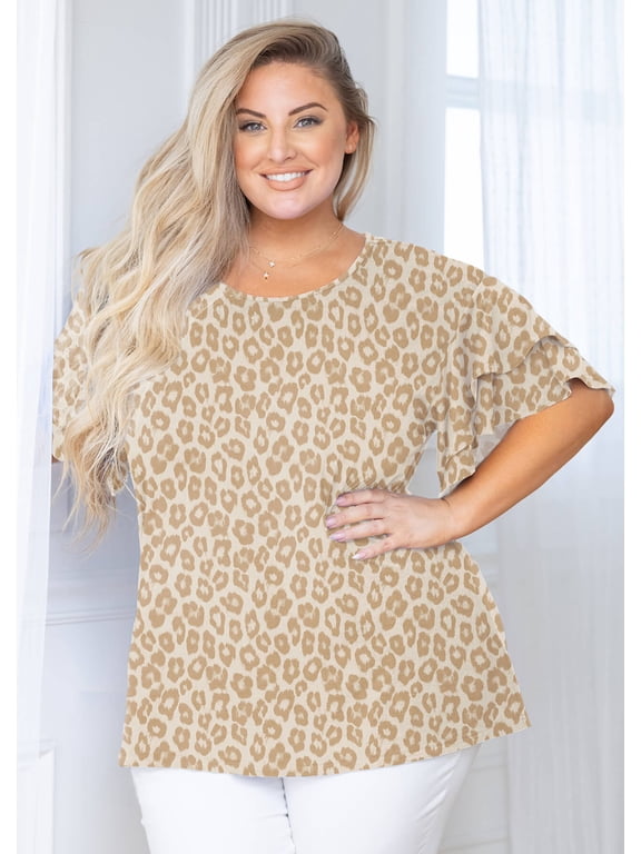 Women Plus Tops Floral Double Ruffle Short Sleeve Cream Khaki Leopard 3X Tunic Shirt Summer Tops Loose Fitting Blouse