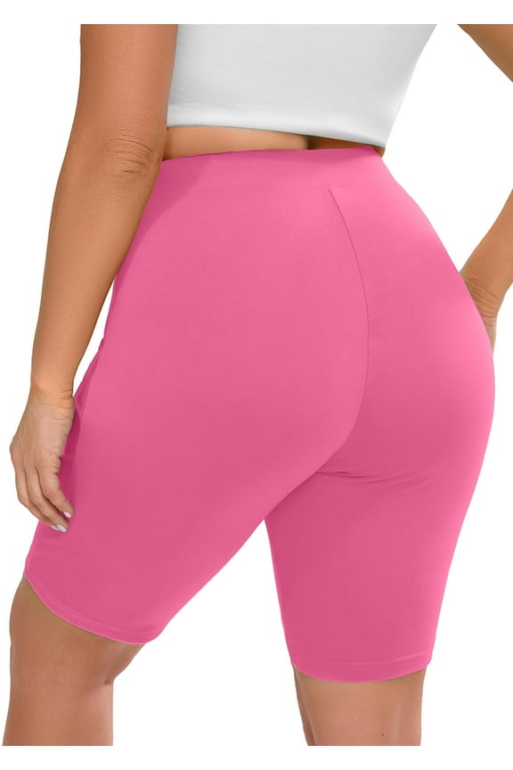 Women Plus Workout Biker Shorts 8" High Waisted Tummy Control Spandex Booty Volleyball Shorts for Yoga Dance Hot Pink 3X