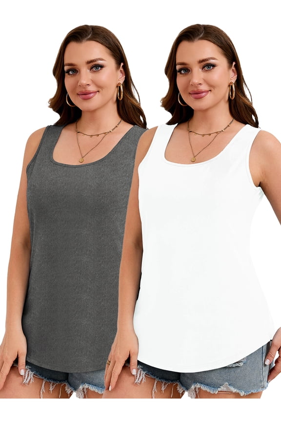 Women's 2 Pack Flowy Tank Tops Plus Size, Lightweight Breathable Sleeveless Shirts, Scoop Neck Summer Tops -Gray & White 2X