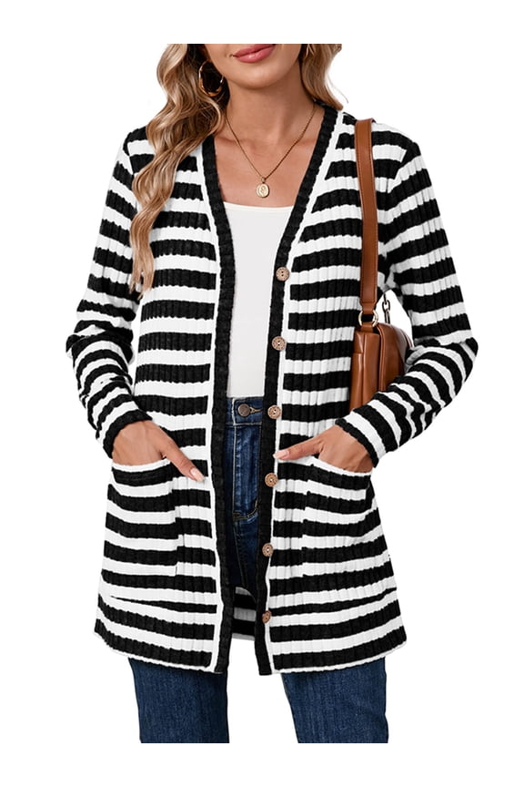 Women's Button Down Cardigan Long Sleeve Sweater, Black Stripe L Soft Ribbed Knit Open Front Sweater with Pockets for Fall Winter