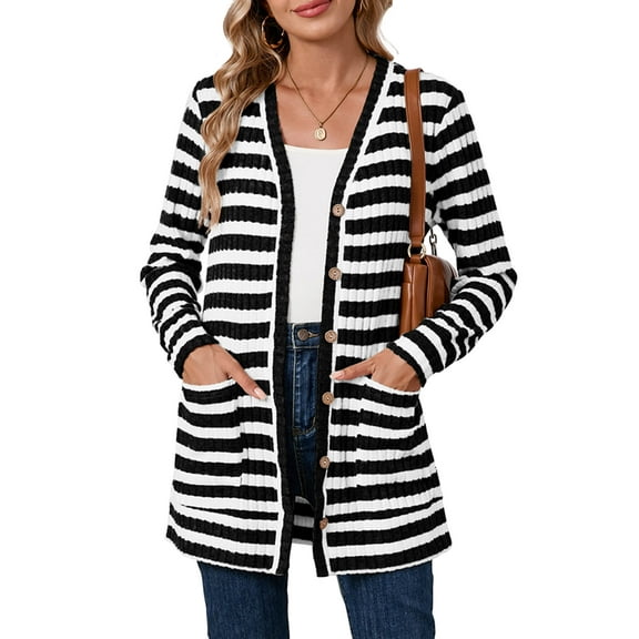 SHOWMALL Women's Button Down Cardigan Long Sleeve Sweater, Black Stripe S Soft Ribbed Knit Open Front Sweater with Pockets for Fall Winter