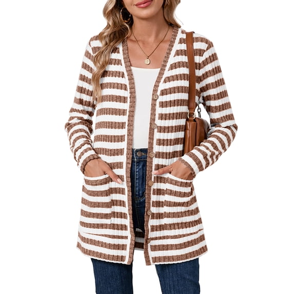 SHOWMALL Women's Button Down Cardigan Long Sleeve Sweater, Brown Stripe 2XL Soft Ribbed Knit Open Front Sweater with Pockets for Fall Winter