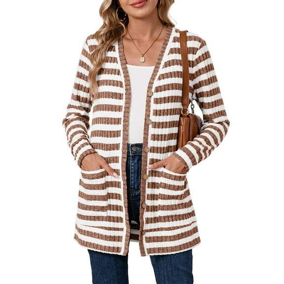 SHOWMALL Women's Button Down Cardigan Long Sleeve Sweater, Brown Stripe M Soft Ribbed Knit Open Front Sweater with Pockets for Fall Winter
