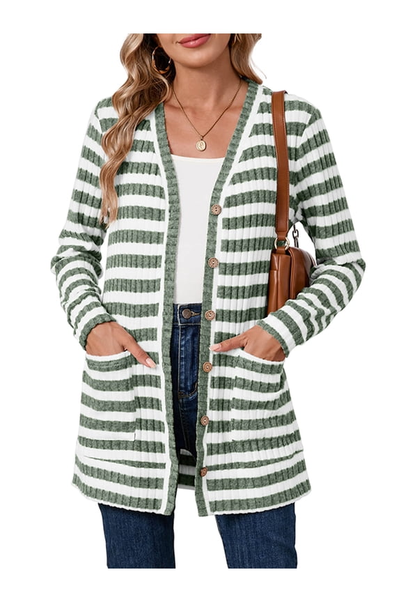 Women's Button Down Cardigan Long Sleeve Sweater, Dark Green Stripe M Soft Ribbed Knit Open Front Sweater with Pockets for Fall Winter